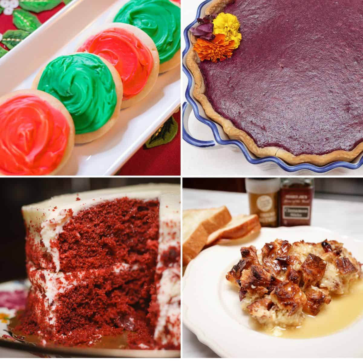 Southern Soul Food Christmas Desserts - Southern soul food Christmas desserts featuring frosted holiday tea cakes, purple sweet potato pie in a fluted dish, classic red velvet cake with cream cheese frosting, and warm bread pudding, curated and expertly baked by Shaunda Necole of The Soul Food Pot®.