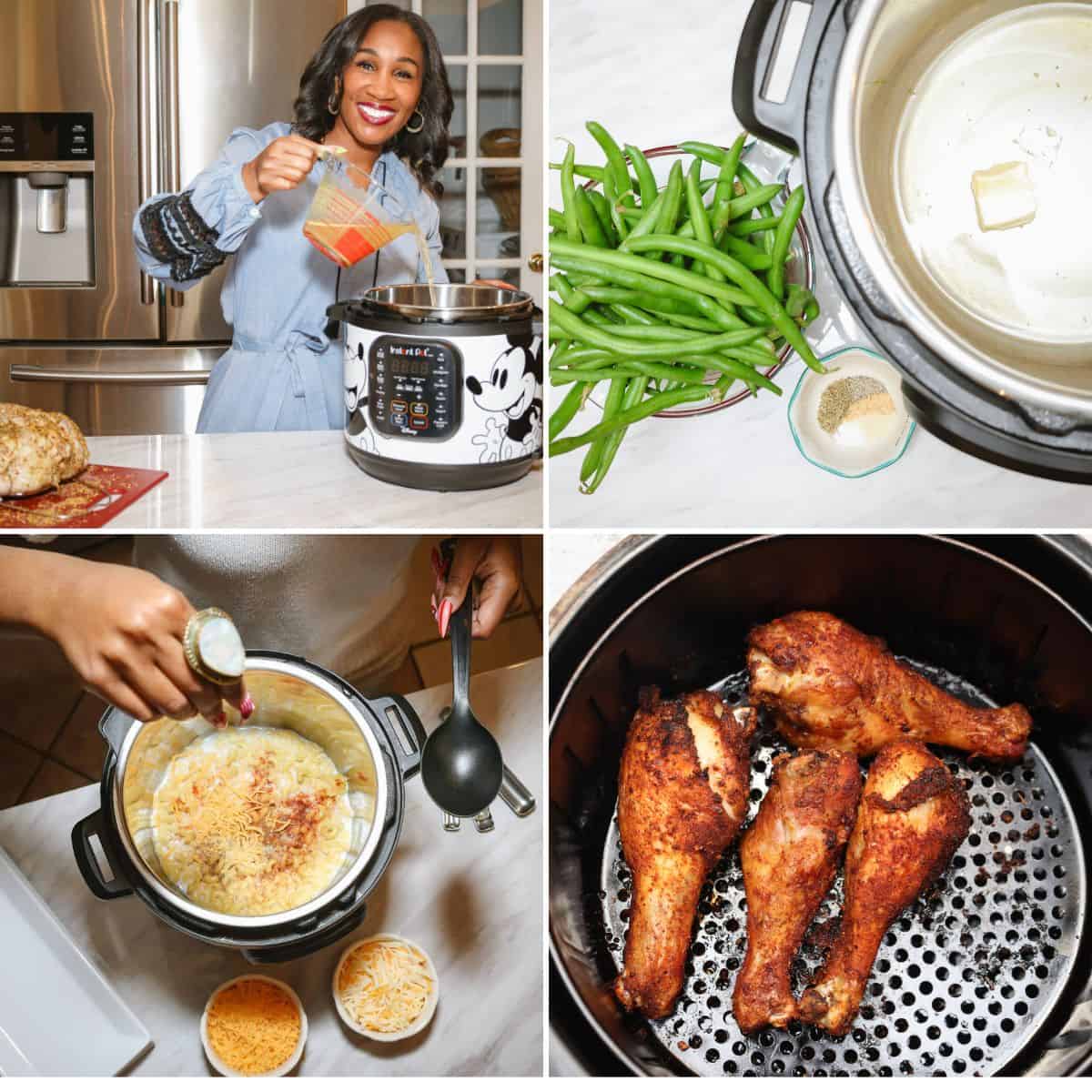 Modern soul food recipes in action — Instant Pot green beans, creamy soul food macaroni and cheese, and air fryer fried chicken — showcasing how The Soul Food Pot® honors Black culinary tradition while adapting for today’s kitchens.
