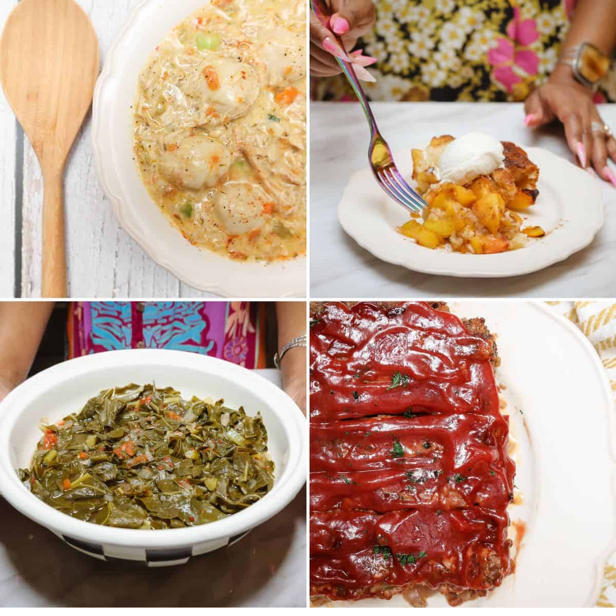 Lazy Sunday soul food dinner favorites including creamy chicken and dumplings, peach cobbler, slow-simmered collard greens, and glazed meatloaf — easy Black Southern comfort food by The Soul Food Pot®