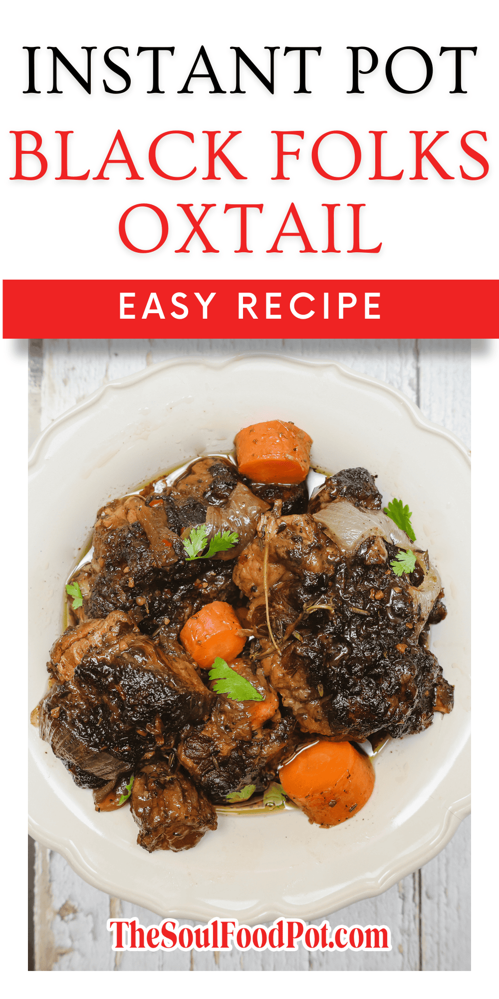 Instant Pot Black folks’ oxtail easy recipe graphic with plated oxtails and bold title text – TheSoulFoodPot.com