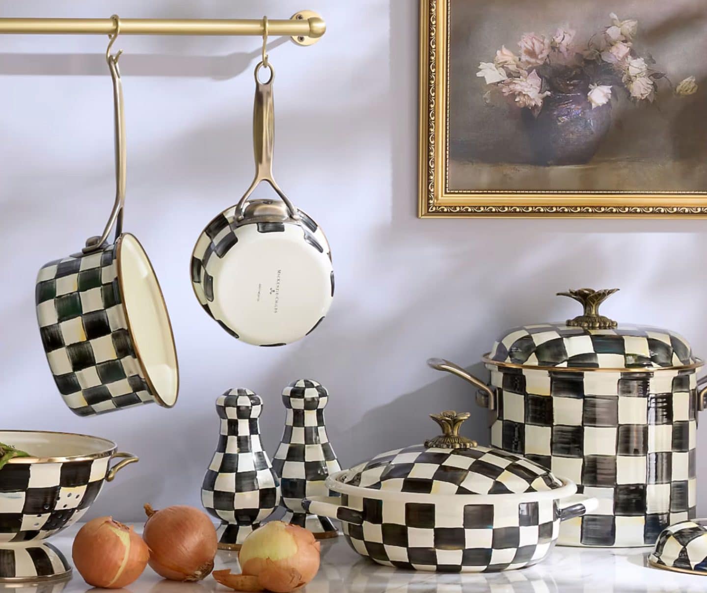 MacKenzie-Childs Courtly Check enamel cookware set including pots, pans, and accessories displayed in a styled kitchen, featured by The Soul Food Pot® as Southern kitchen decor essentials