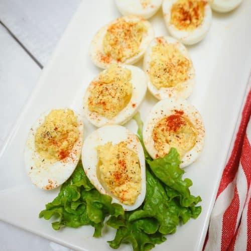 Deviled eggs served on a platter, representing The Soul Food Pot Easter Recipes