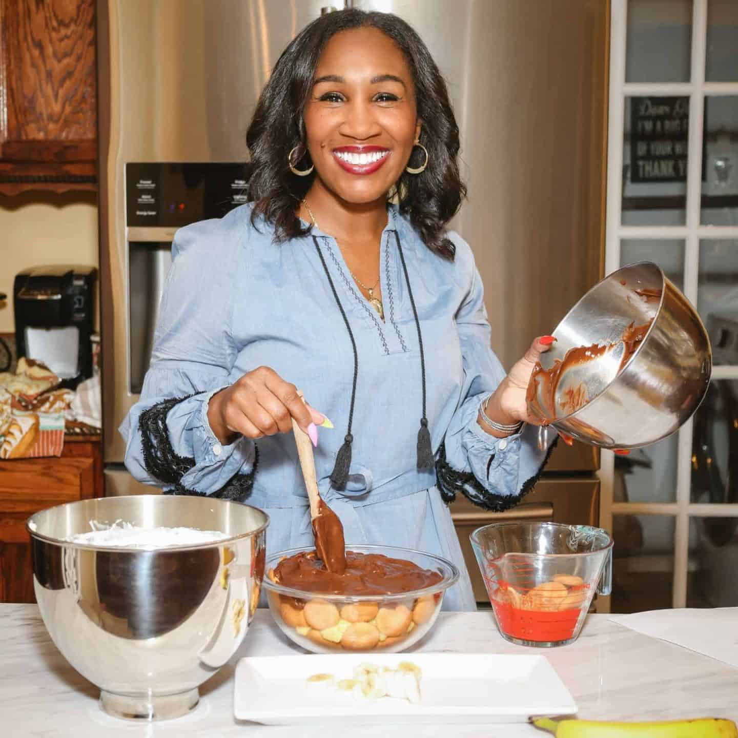 The Soul Food Shop | Southern Kitchen Tools & Soul Food Essentials: Shaunda Necole of The Soul Food Pot® preparing a Southern dessert in her home kitchen, mixing banana pudding with classic soul food ingredients using essential Southern kitchen tools