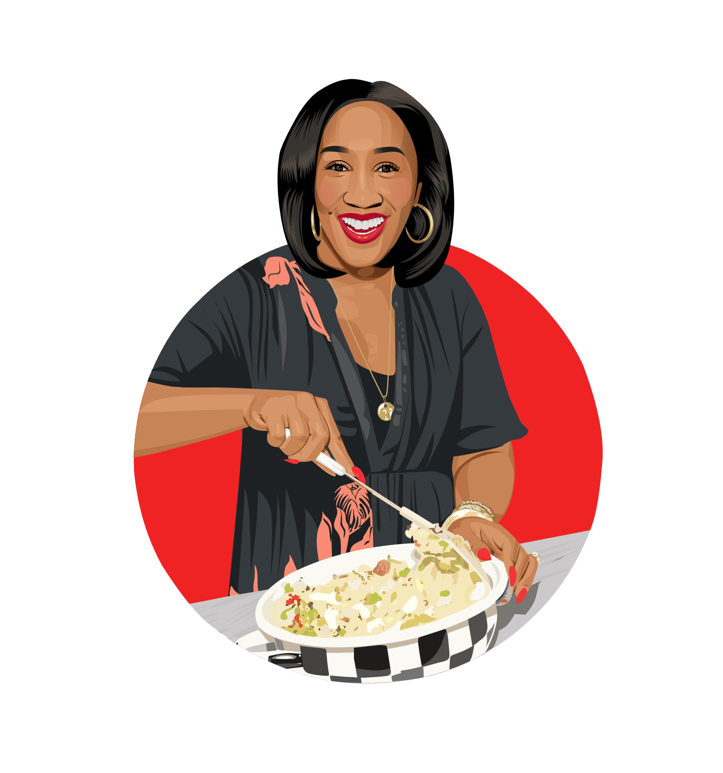 Illustration of The Soul Food Pot® founder Shaunda Necole smiling and serving a dish in her kitchen, representing her “Why I Make It This Way” cooking insights.