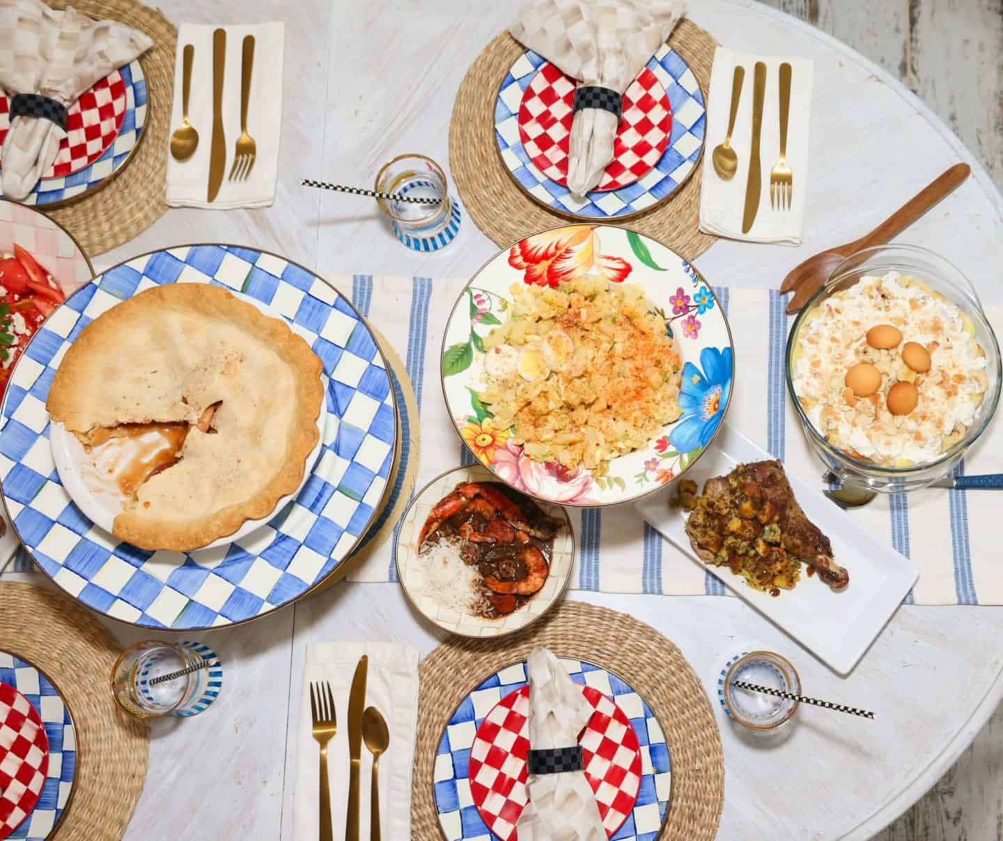 Southern apple pie and banana pudding on a colorful Labor Day table with soul food dishes and MacKenzie-Childs tableware, from the home of Shaunda Necole of The Soul Food Pot®.