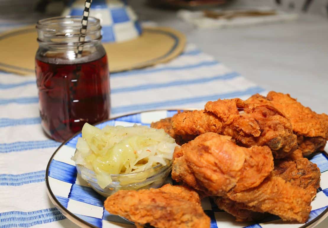 Southern fried chicken, soul food cabbage and sweet tea