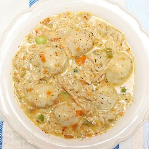 Finished bowl of chicken and dumplings