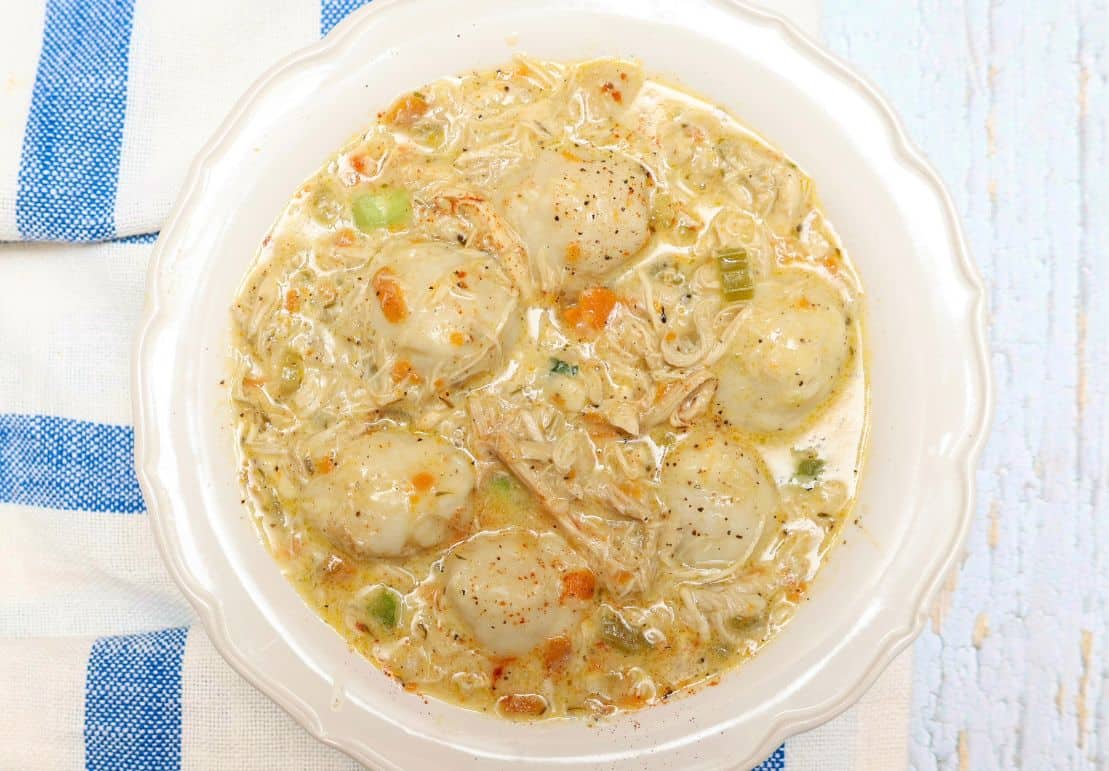 Finished bowl of chicken and dumplings