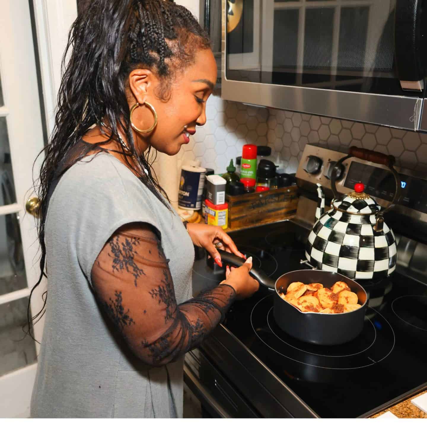 Shaunda Necole cooking soul food candied yams in a pot method on the stovetop.