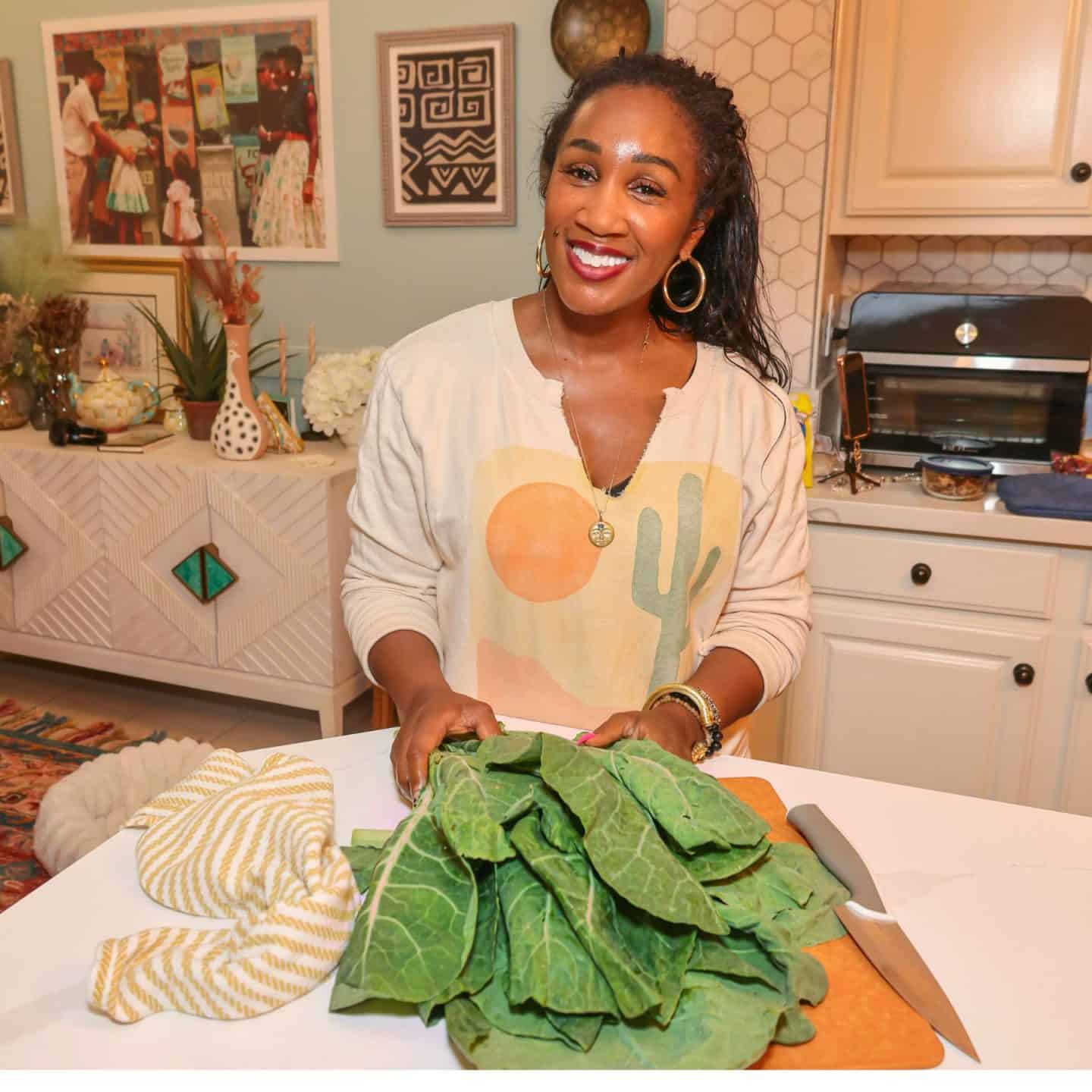 Shaunda Necole with fresh collard greens
