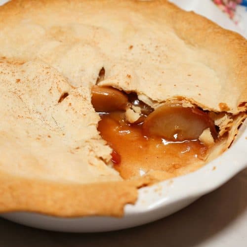 apple pie showing tender apple in a thickened filling