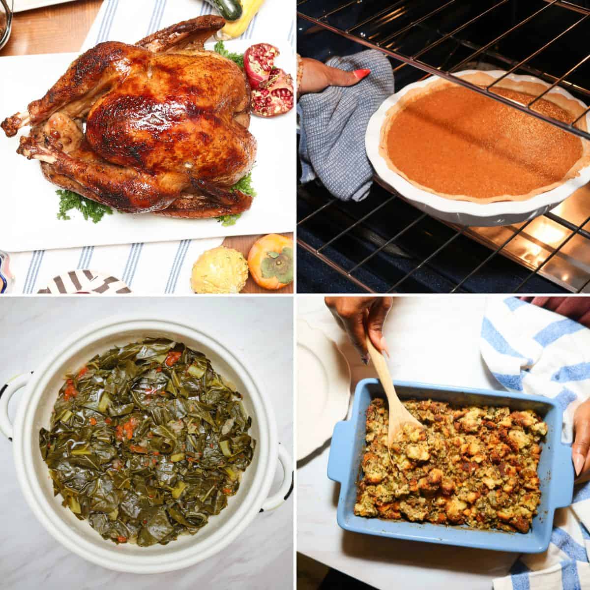 Soul food Thanksgiving menu from The Soul Food Pot® featuring roasted turkey, sweet potato pie, collard greens, and homemade cornbread dressing.
